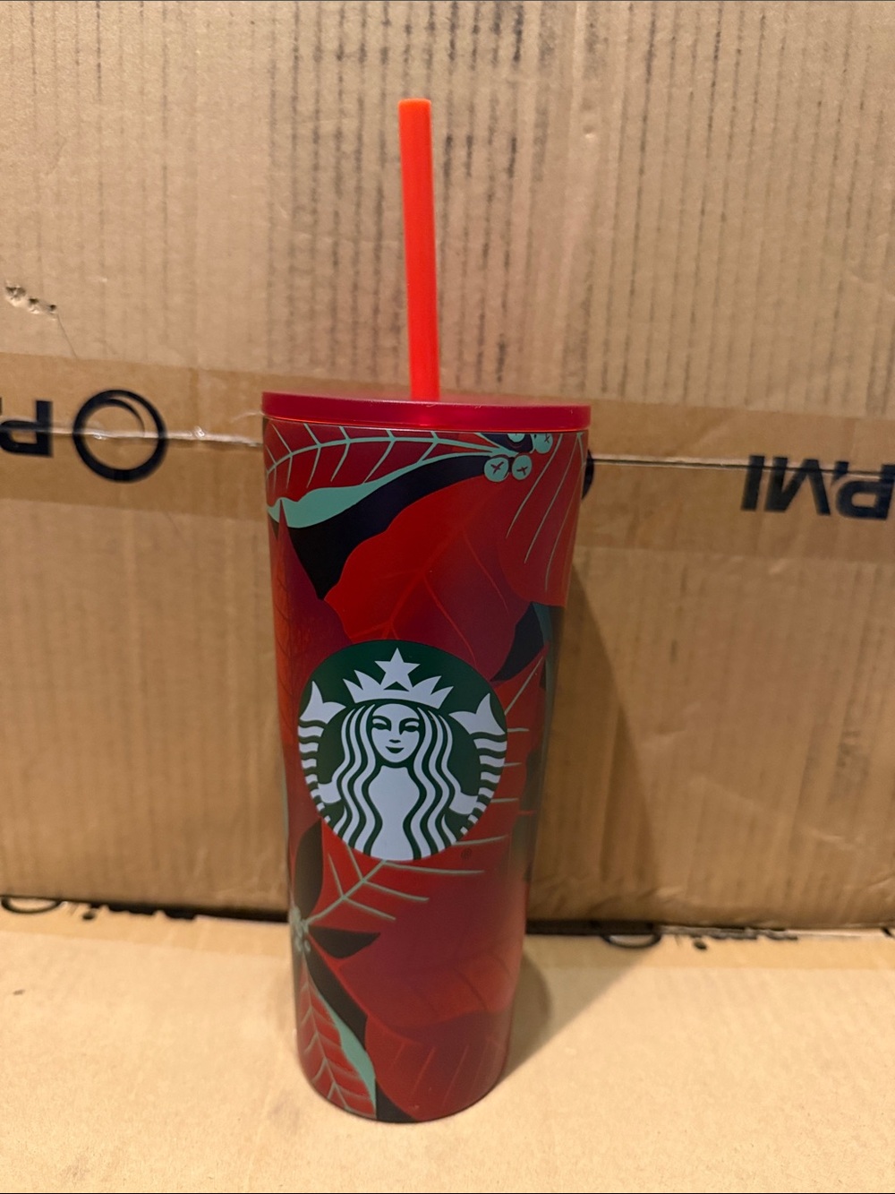 Starbucks Red Holiday Leaf Tumbler with Green Logo and Red Straw